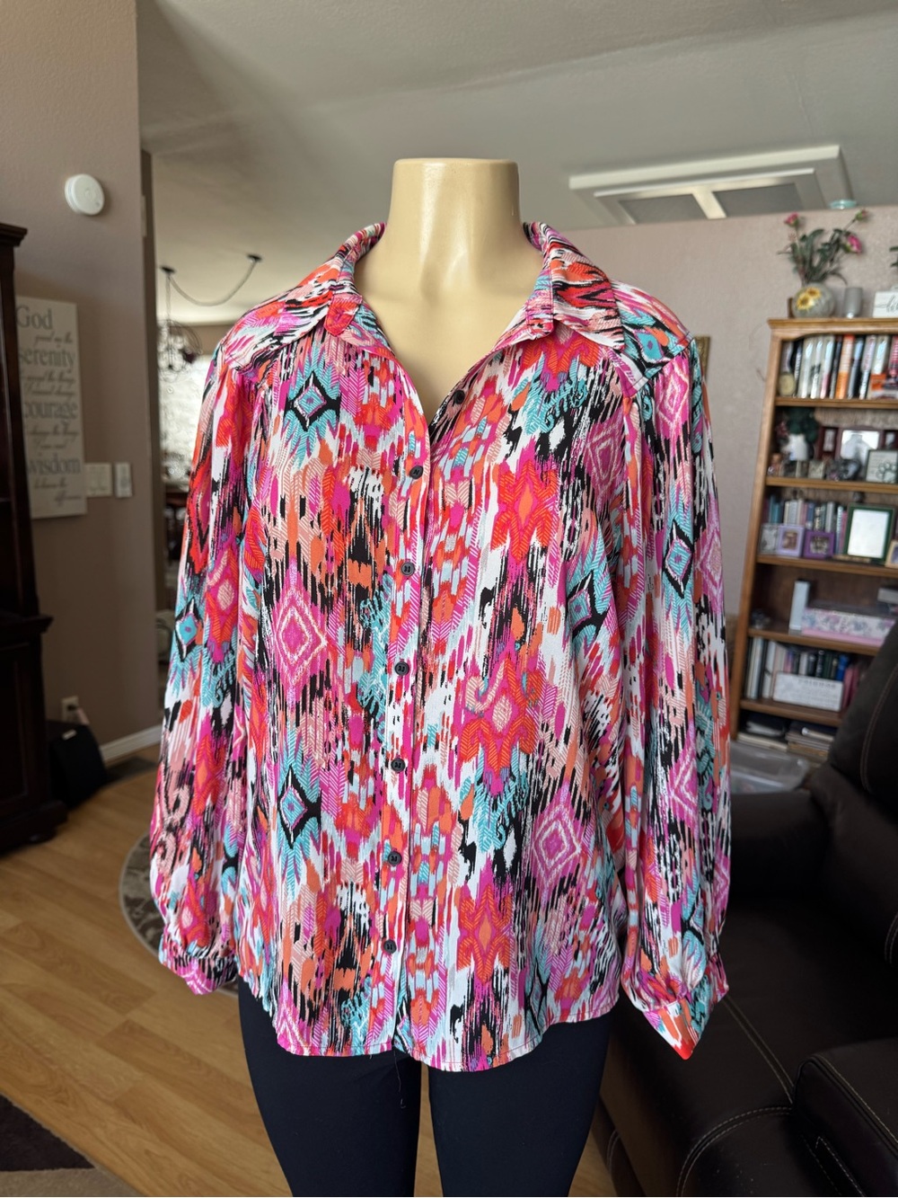 Pleione multicolored patterned button down blouse-size L